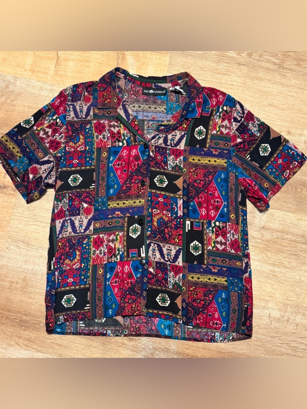 VTG 90s Sag Harbor Patchwork Rayon Button Up Shirt Medium Eclectic Grandpa